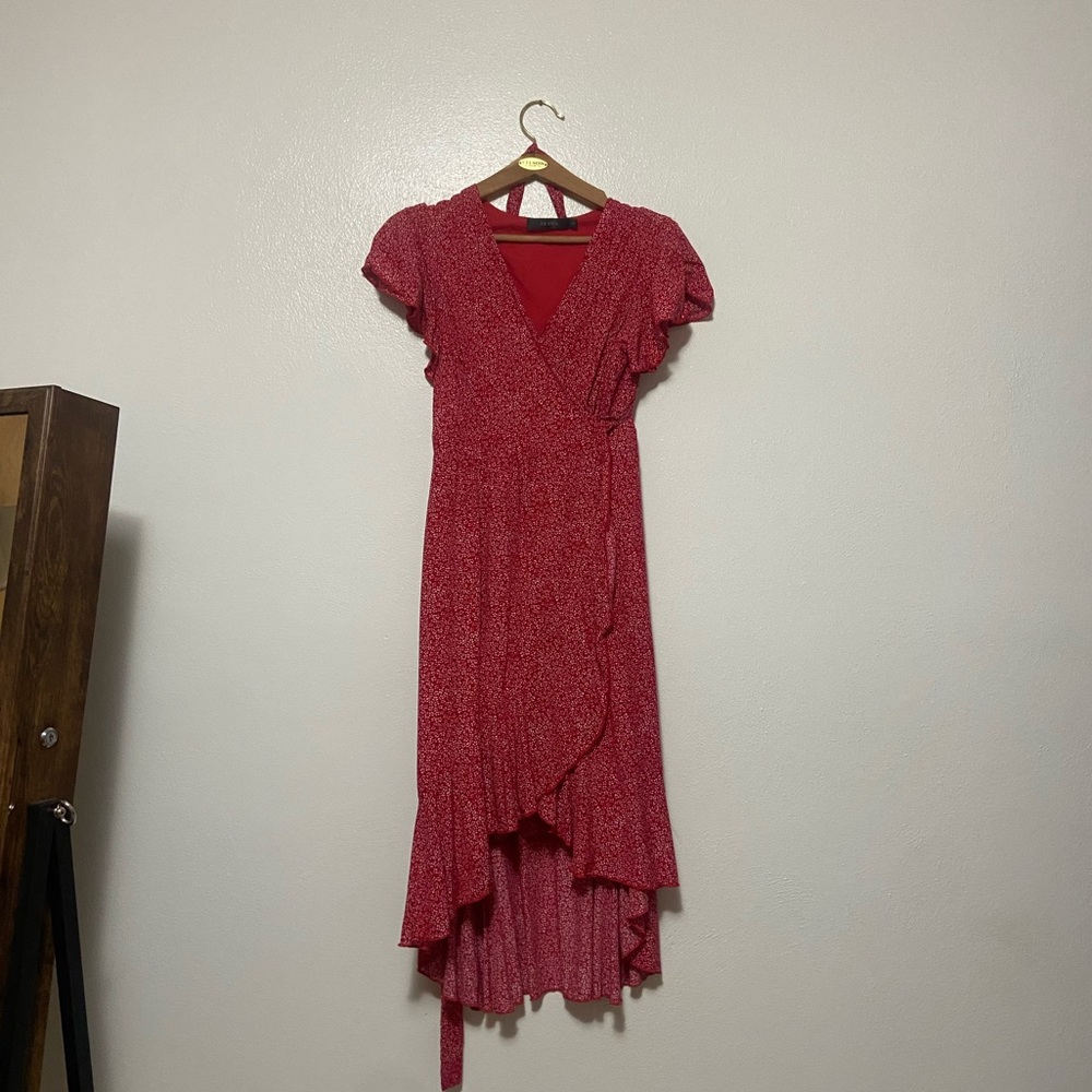 Long red dress with slit up the leg trust me it looks better on